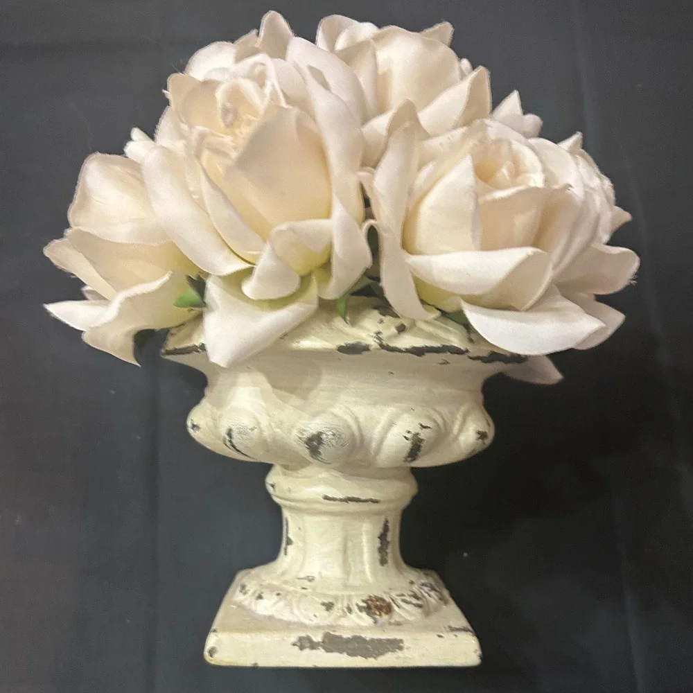 Distressed Cream Urn Planter w/White Faux Roses French Country Floral Home Decor